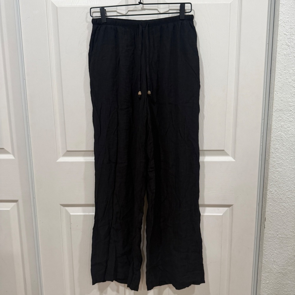 Zara Black Wide Leg Drawstring Pants Textured Flowy Trousers with Wood Beads M